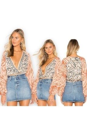 Free People Floral & Tie-Dye Wrap Blouse in Peach and Navy
